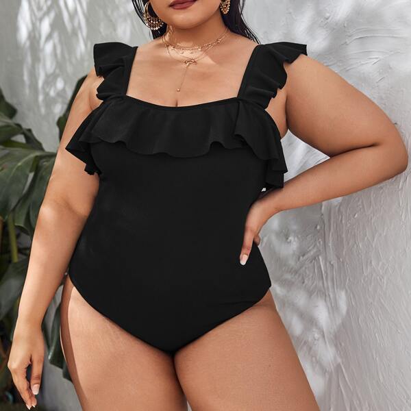 

Plus Ruffle Trim One Piece Swimsuit, Black
