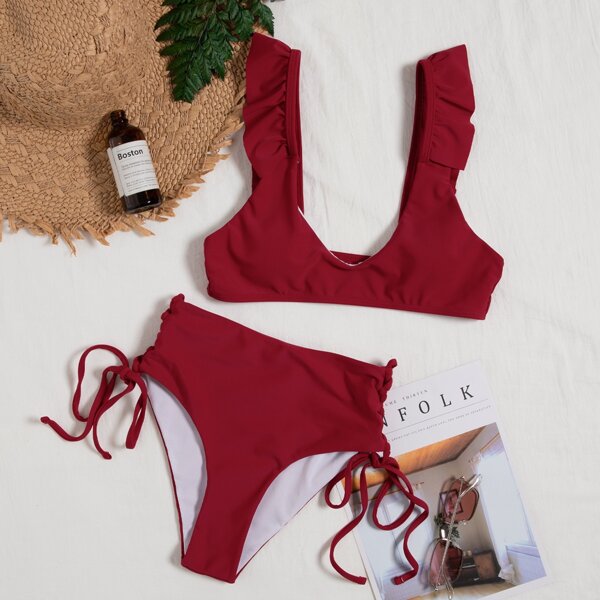 

Ruffle Trim Tie Side Bikini Swimsuit, Burgundy