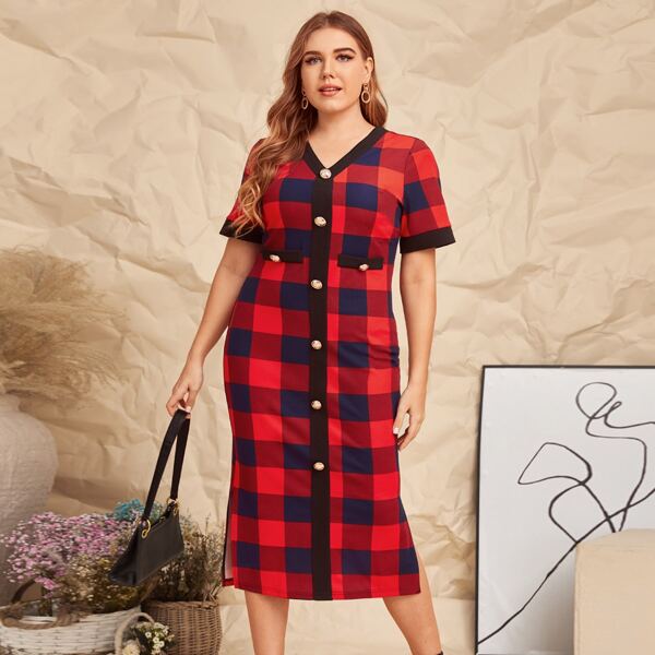 

Plus Contrast Trim Buttoned Front Split Side Buffalo Plaid Dress, Multicolor
