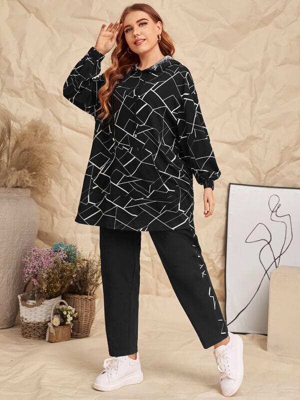 Mulvari Plus Pouch Pocket Geo Print Hoodie & Pants Set