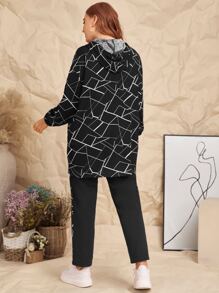 Mulvari Plus Pouch Pocket Geo Print Hoodie & Pants Set - Black - View 2