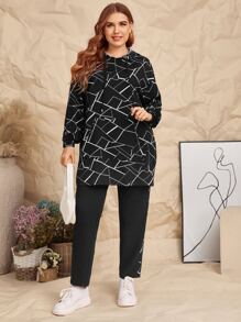 Mulvari Plus Pouch Pocket Geo Print Hoodie & Pants Set - Black - View 3