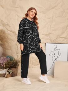 Mulvari Plus Pouch Pocket Geo Print Hoodie & Pants Set - Black - View 5