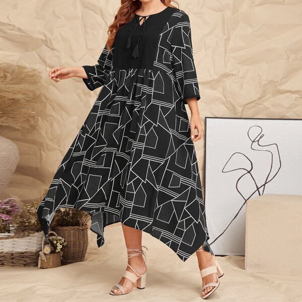 

Plus Tie Neck Graphic Print Asymmetrical Hem Dress, Black