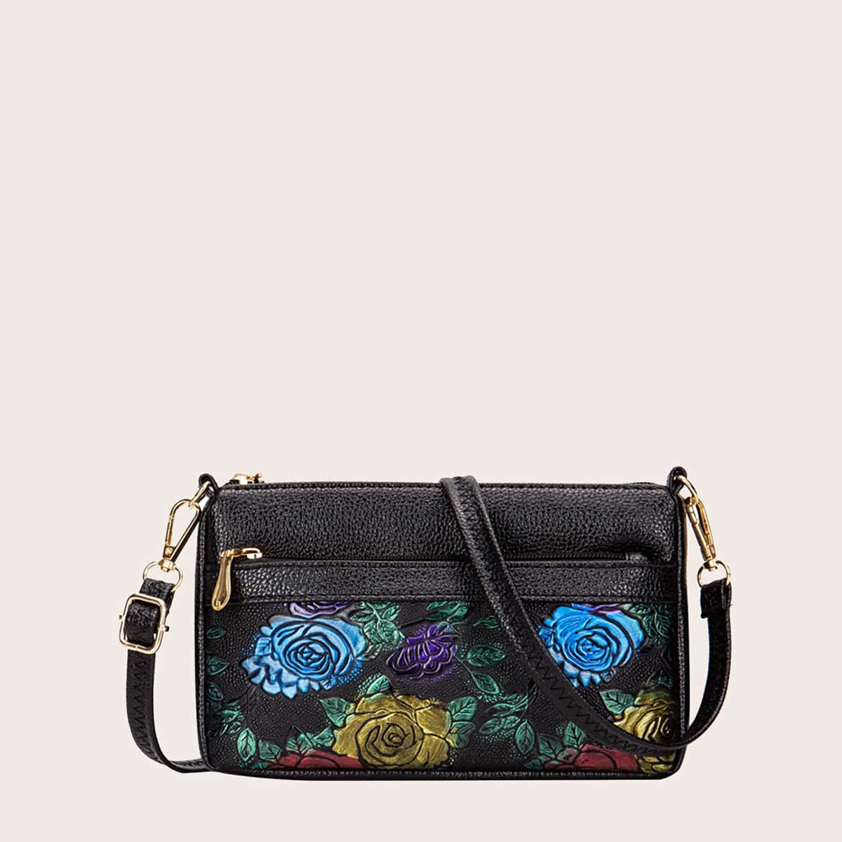 

Flower Pattern Crossbody Bag, Black