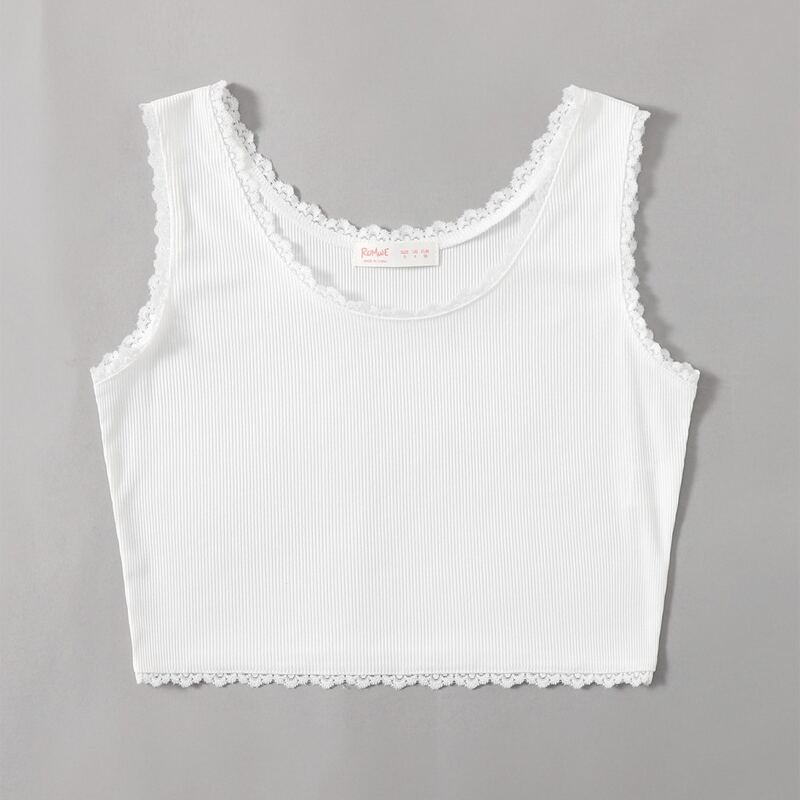 

Contrast Lace Ribbed Tank Top, White