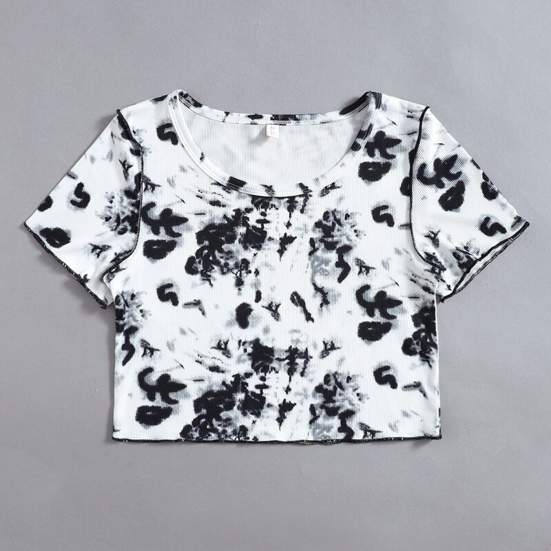

Tie Dye Ribbed Crop Tee, Black and white