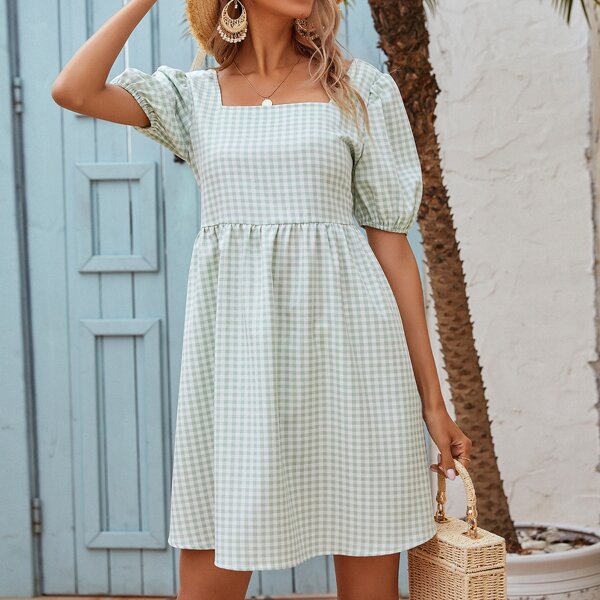 

Gingham Square Neck Puff Sleeve Dress, Mint green