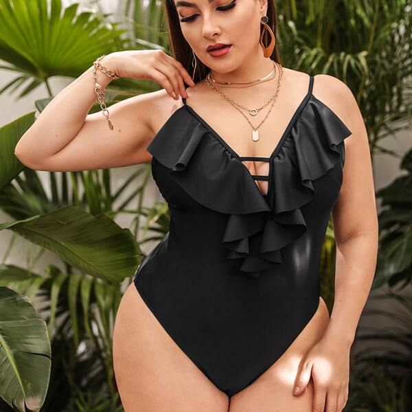 

Plus Ruffle Plunging One Piece Swimsuit, Black