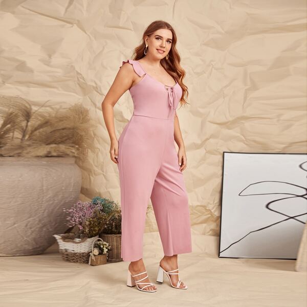 

Plus Knot Front Scoop Neck Wide Leg Jumpsuit, Pink
