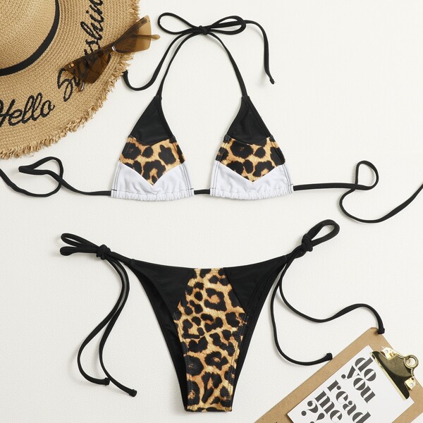 

Colorblock Halter Tie Side Bikini Swimsuit, Multicolor