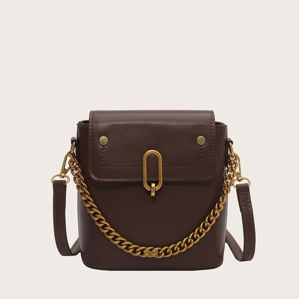 

Chain Decor Flap Bucket Bag, Coffee brown
