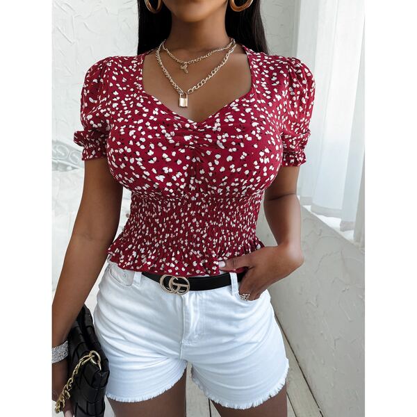 

Ditsy Floral Shirred Waist Puff Sleeve Crop Blouse, Burgundy