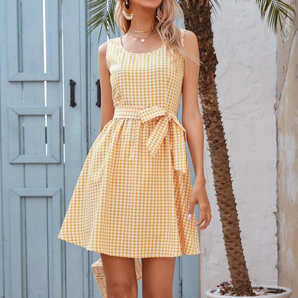 

Gingham Zipper Back Belted Dress, Yellow