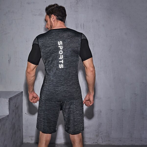 

Men Letter Graphic Tee & Shorts Sports Set, Dark grey