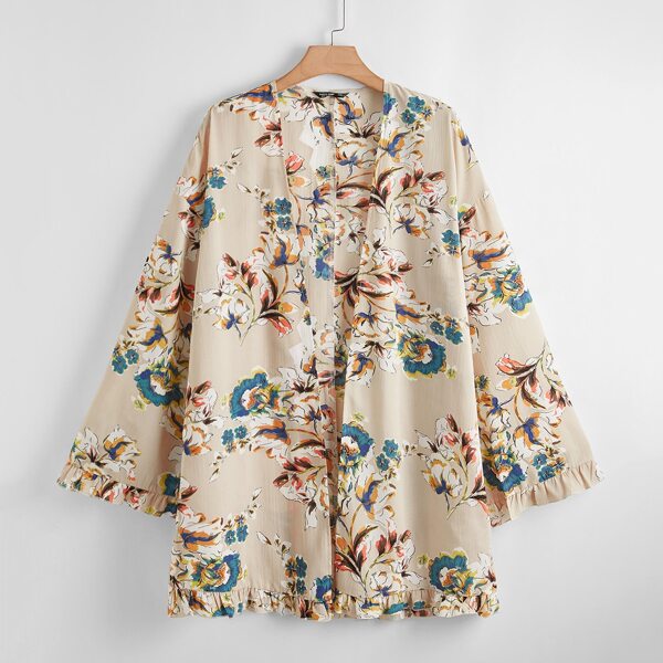 

Plus Ruffle Trim Floral Print Kimono, Multicolor