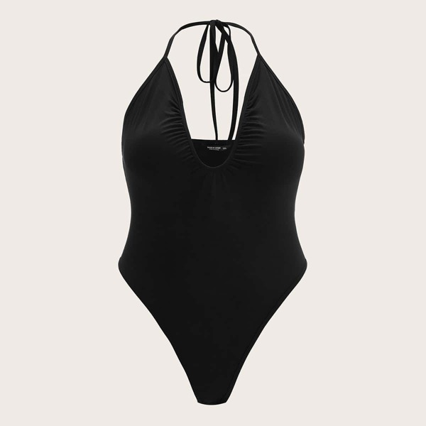 

Plus Tie Backless Halter Bodysuit, Black