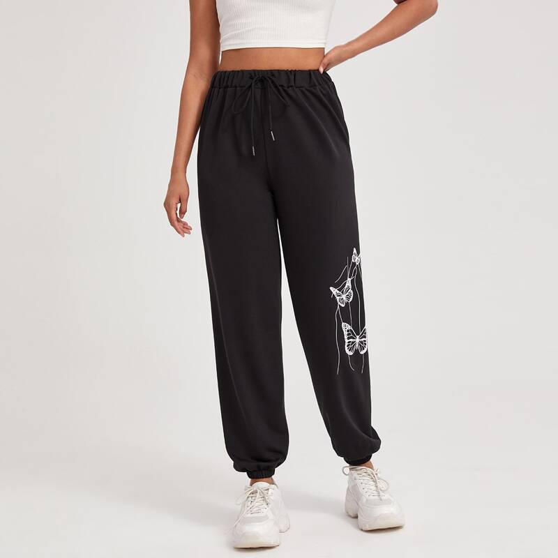 

Butterfly Graphic Drawstring Sweatpants, Black