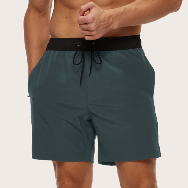 

Men Drawstring Waist Slant Pocket Swim Trunks, Grey