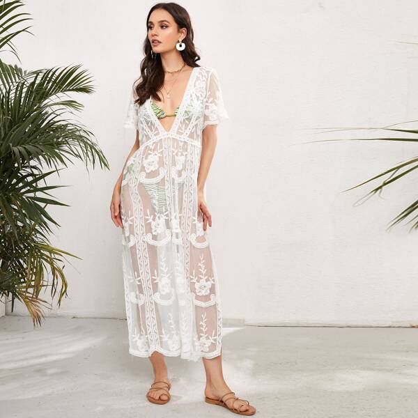 

Hollow Out Sheer Cover Up, White