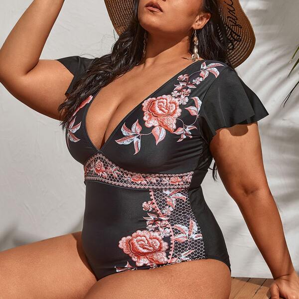 

Plus Floral Graphic One Piece Swimsuit, Black