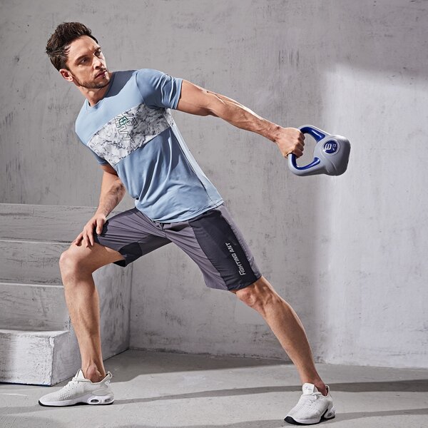 

Men Color Block Letter Graphic Sports Tee, Dusty blue