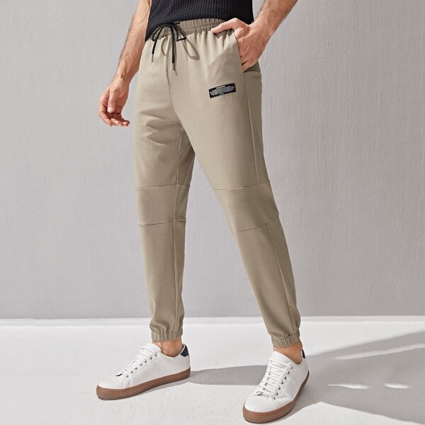 

Men Drawstring Waist Letter Patched Joggers, Khaki