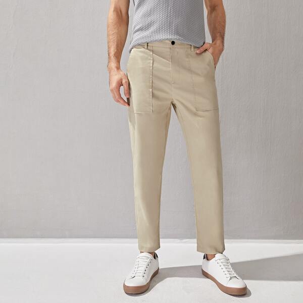 

Men Button Fly Solid Straight Pants, Khaki