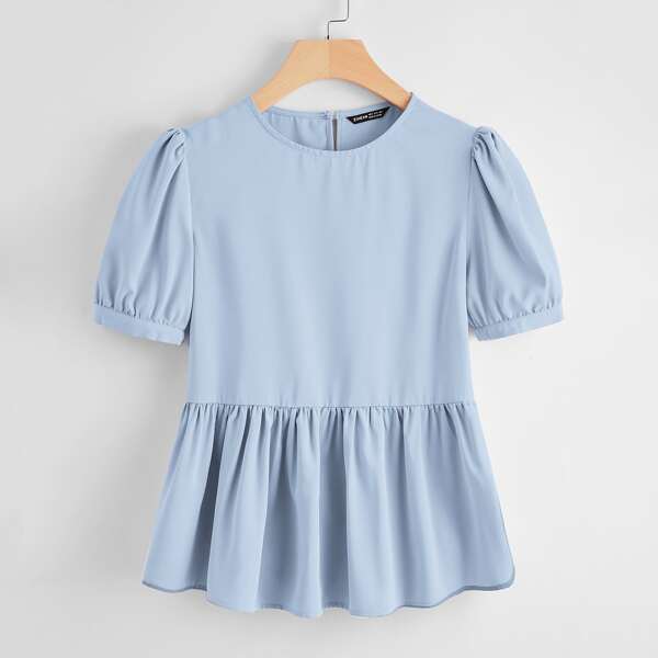 

Puff Sleeve Solid Peplum Blouse, Baby blue
