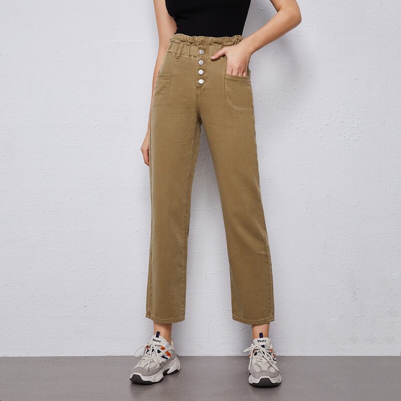 

Paper Bag Waist Straight Leg Jeans, Camel