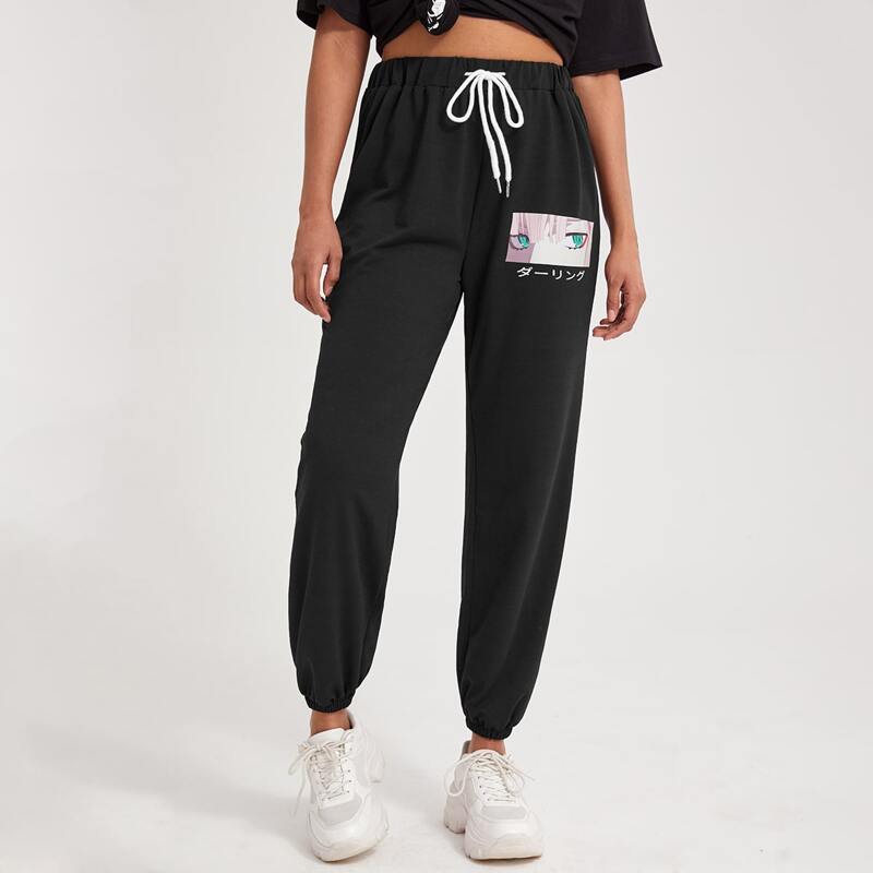 

Cartoon Graphic Drawstring Sweatpants, Black