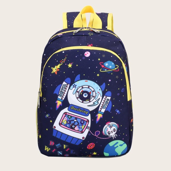 

Boys Cartoon Spacecraft Print Backpack, Navy blue