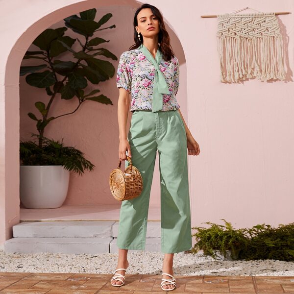 

Floral Print Tie Front Blouse & Pants, Multicolor