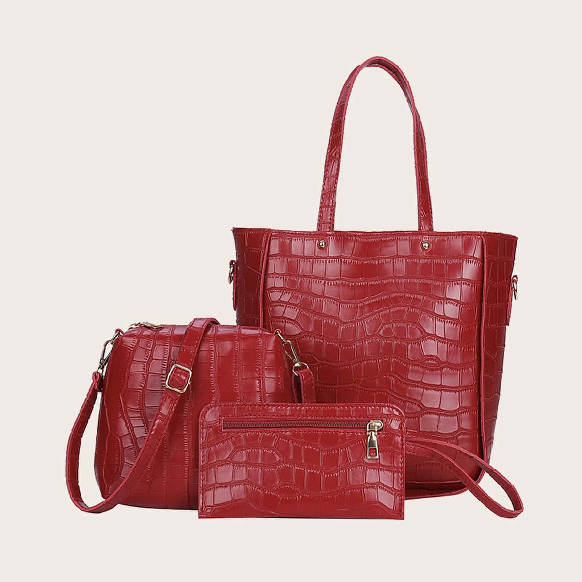 

3pcs Croc Embossed Tote Bag Set, Red