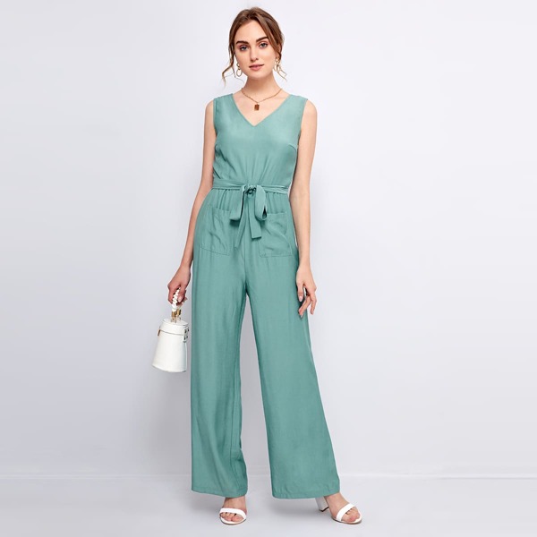 

Solid Belted Dual Pocket Jumpsuit, Cadet blue