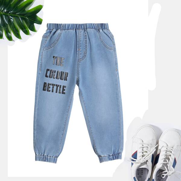 

Toddler Boys Slogan Print Jogger Jeans, Light wash