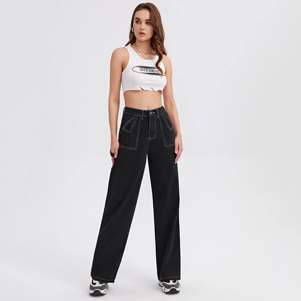 

Slant Pocket Wide Leg Jeans, Black