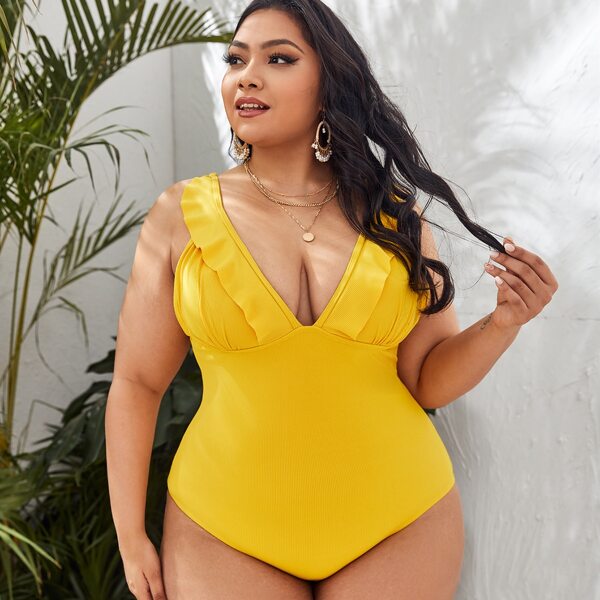 

Plus Rib Ruffle Trim One Piece Swimsuit, Yellow