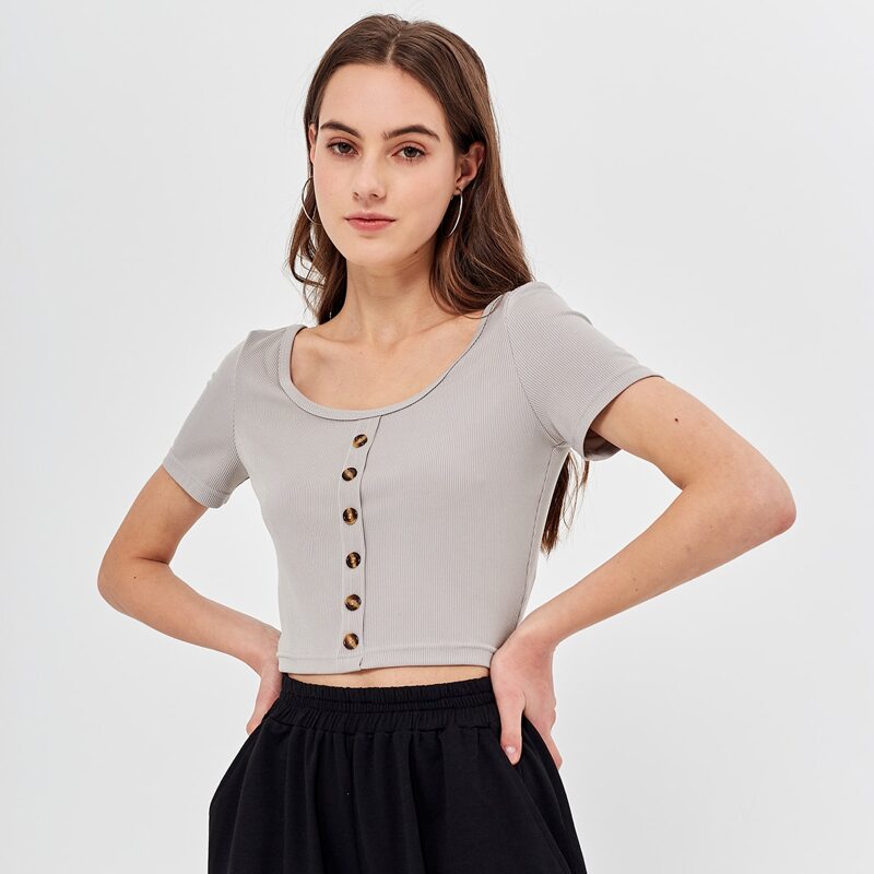 

Button Front Crop Tee, Light grey