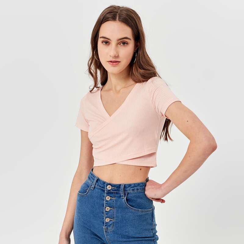 

Ribbed Wrap Crop Tee, Baby pink