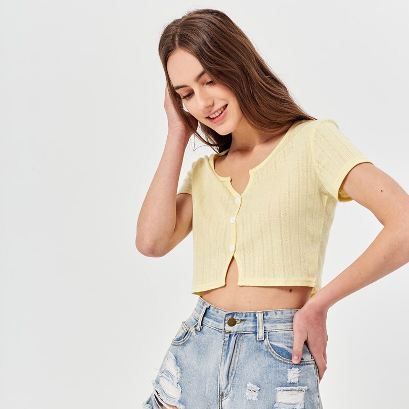 

Button Front Pointelle Crop Tee, Yellow pastel