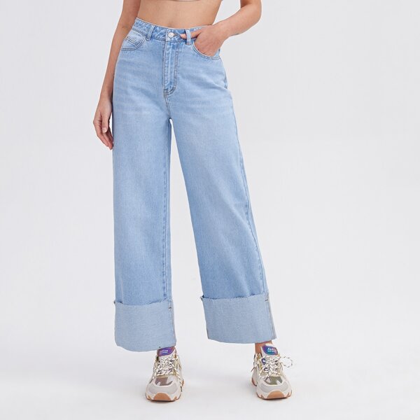 

Rolled Hem Wide Leg Jeans, Light wash