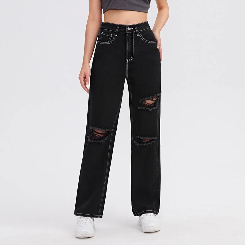 

High Waist Ripped Straight Leg Jeans, Black