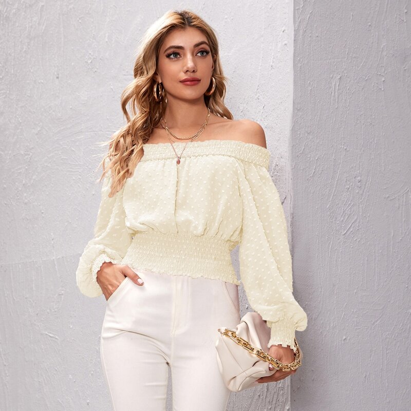 

Off Shoulder Shirred Swiss Dot Top, Beige