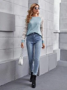 SHEIN LUNE Sheer Lace Raglan Sleeve Colourblock Tee - Blue - View 3