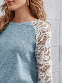SHEIN LUNE Sheer Lace Raglan Sleeve Colourblock Tee - Blue - View 4