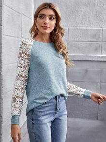 SHEIN LUNE Sheer Lace Raglan Sleeve Colourblock Tee - Blue - View 5