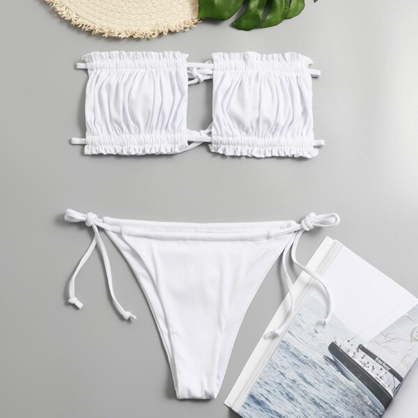 

Frill Trim Bandeau Tie Side Bikini Swimsuit, White