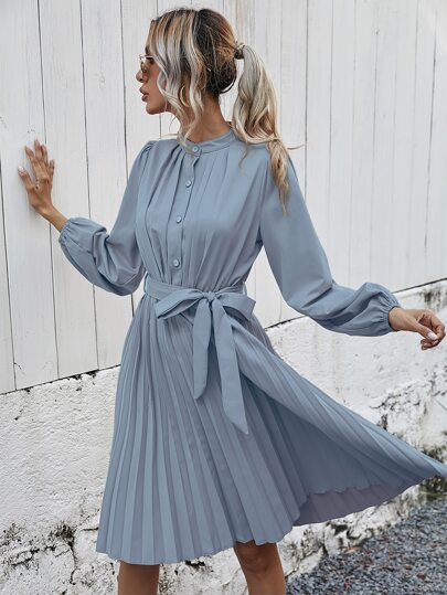 Half Button Pleated Belted Shirt Dress