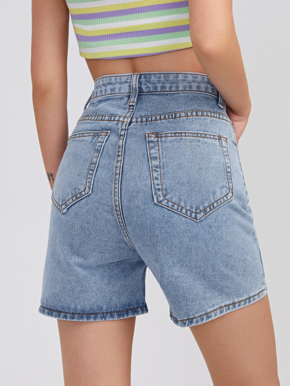 Straight Leg Solid Denim Shorts
